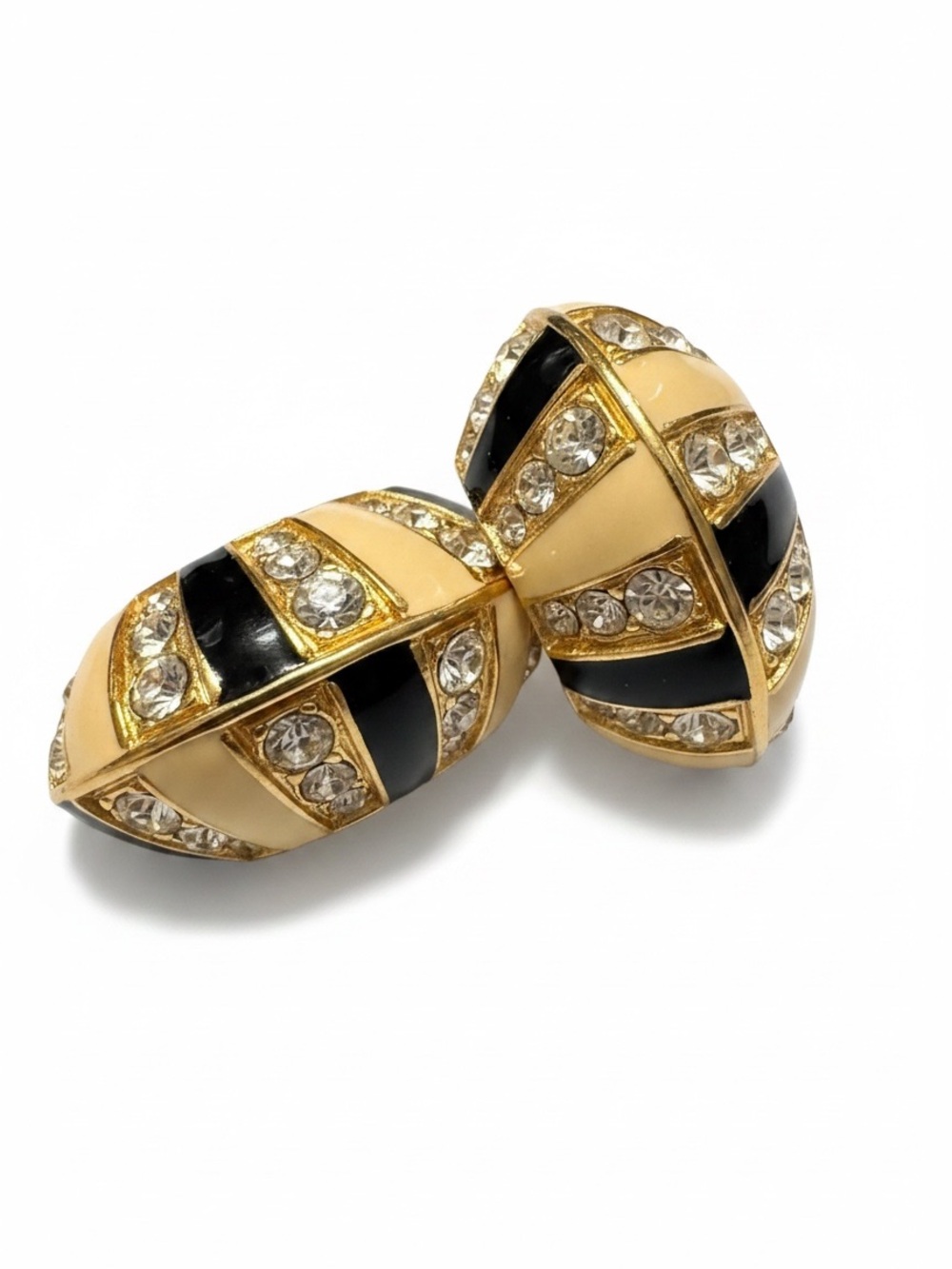 Vintage Ciner Black Cream Enamel Rhinestone Clip Earrings Gold Tone Signed